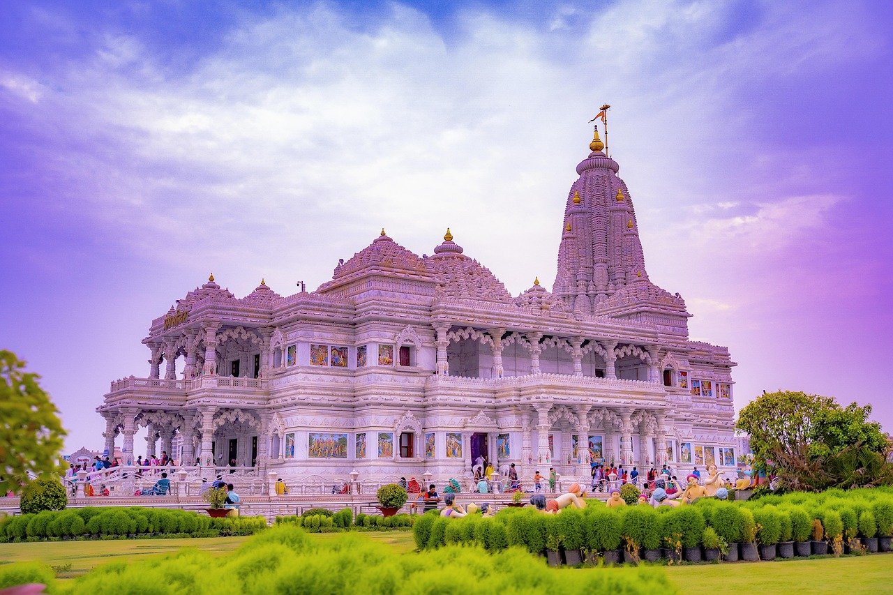 indian temple, vrindavan, mathura, radha krishna, pram temple, pram mandir, nature, pram, temple, outdoor, religion, people, asia, india, religious, hindu, landscape, radha, mandir, sunset, krishna, sky, architecture, prem, white, building